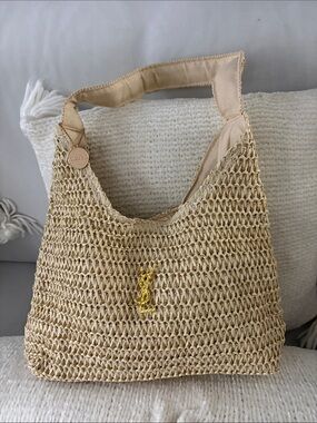 Beige Woven Shoulder Bag with Gold Logo Accent
